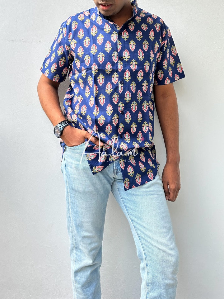 Men Short Sleeve Shirt - Blue Block Prints