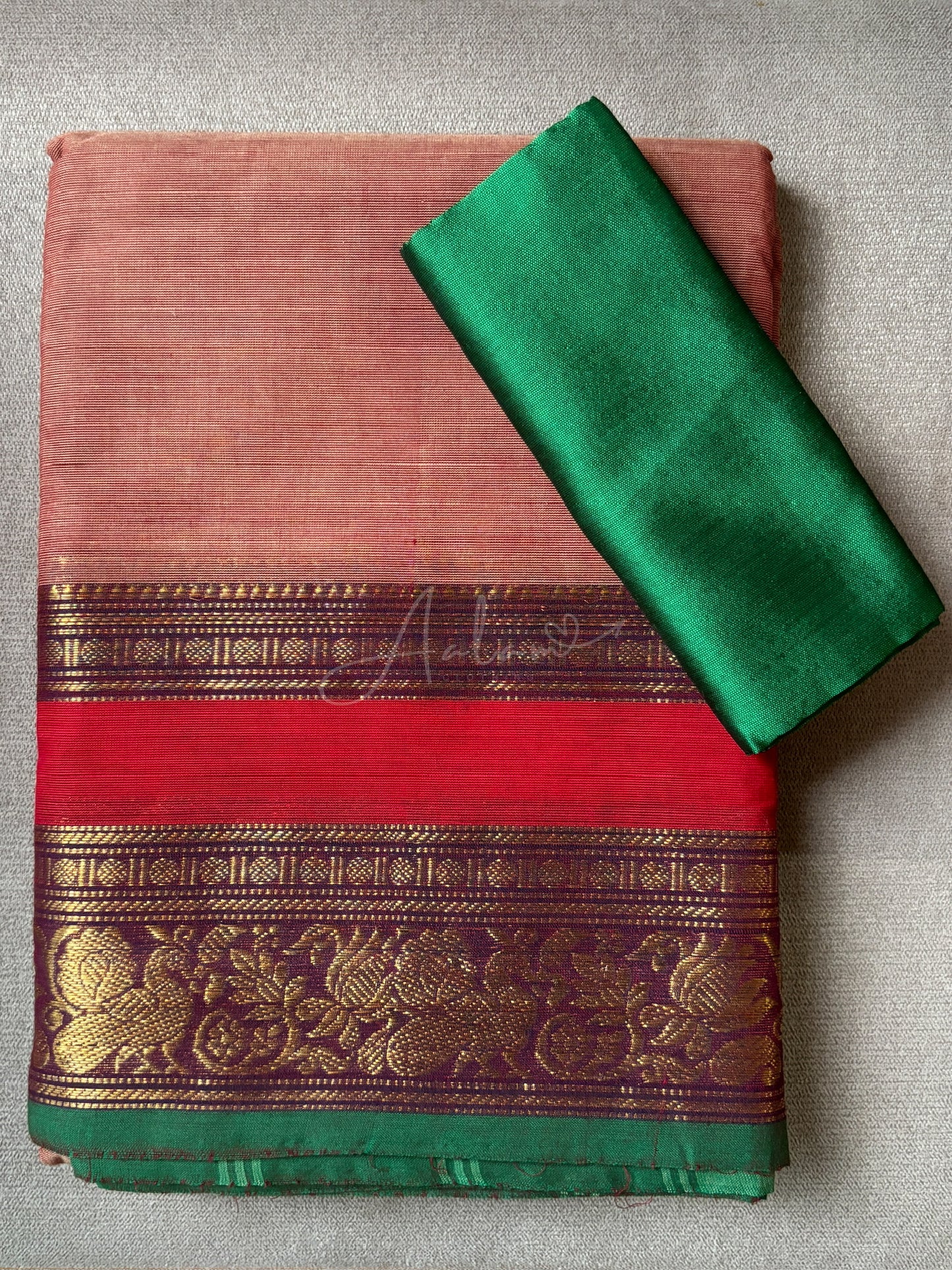 Cotton Saree - Vintage Rose with contrast green blouse