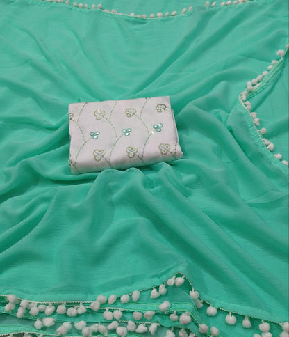 Georgette Pom Pom Saree - Green