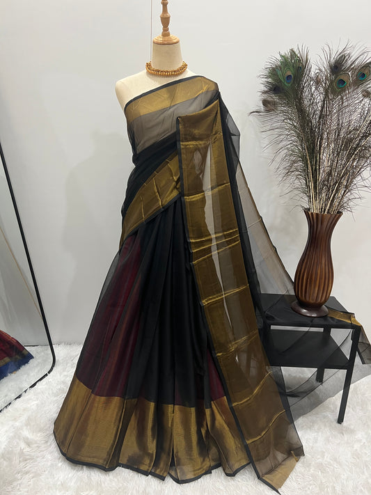 Chiffon Saree with Gold Border & Aari Blouse - Black