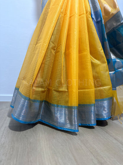 Yellow Cotton Kota Soft Silk Saree - Blue & Pink Border