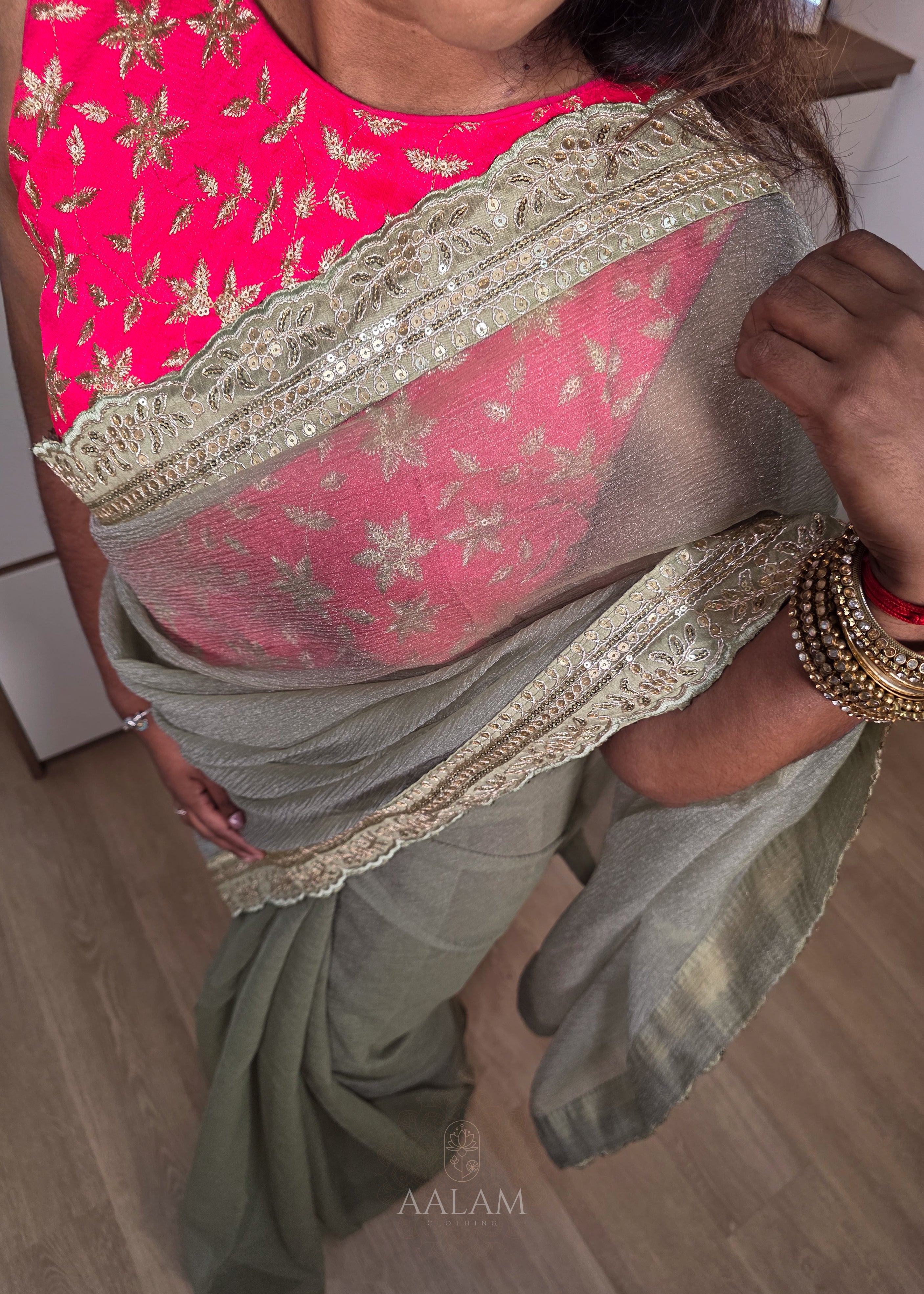 Crushed Saree - Sage green