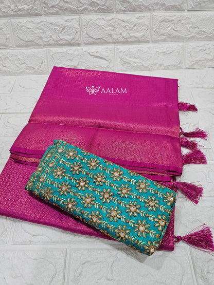 Kubera Silk Saree w Aari blouse - Pink & Green