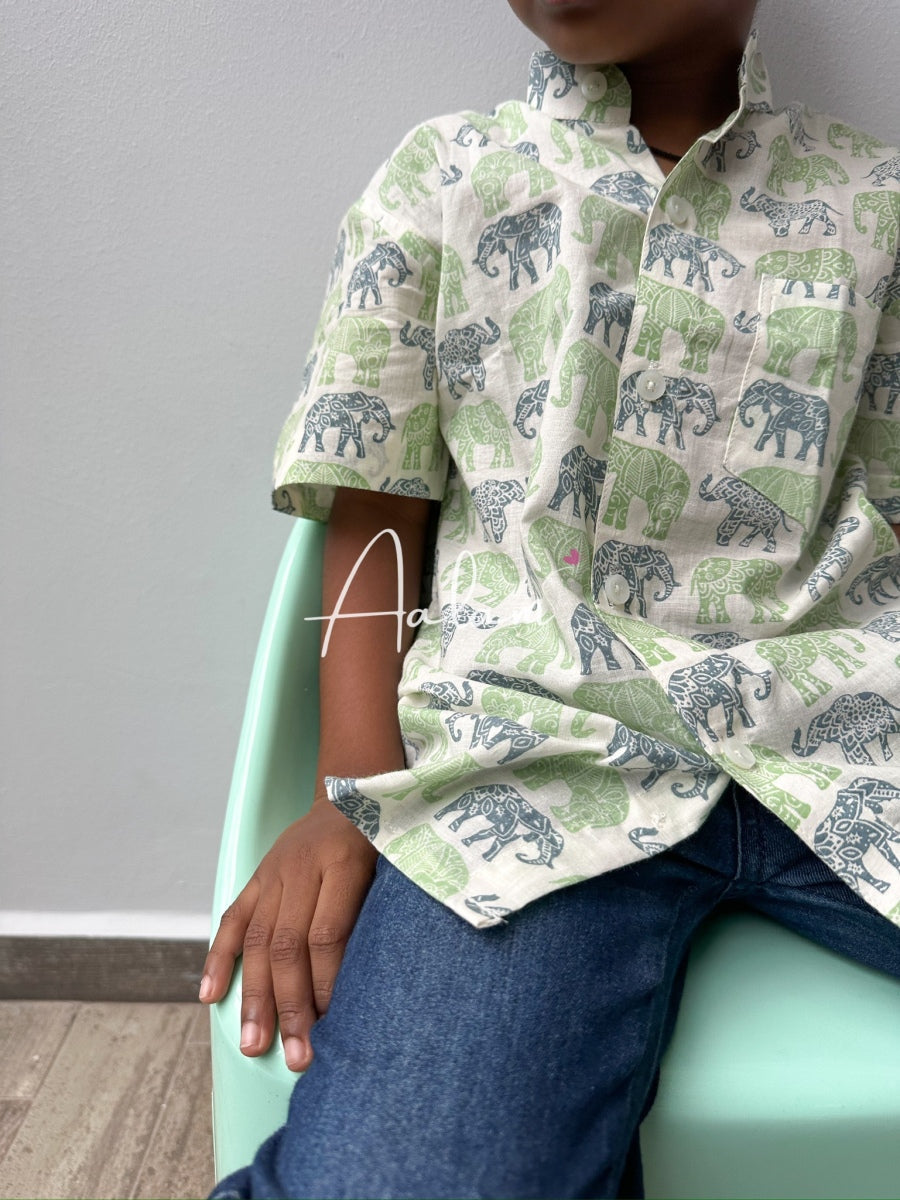 Boy Short Sleeve Shirt - Green & Blue Elephant Prints