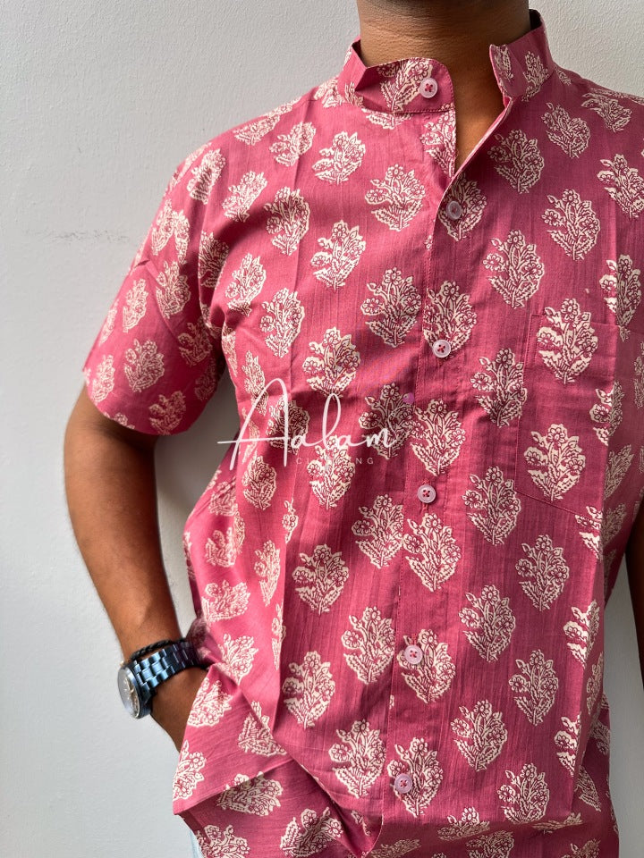 Men Short Sleeve Shirt - Mauve Block Prints