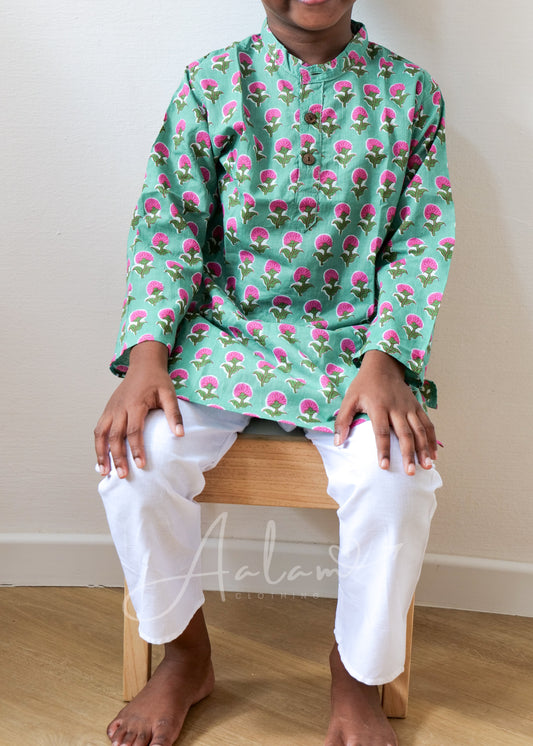 Boys Printed Kurta Set - Turquoise