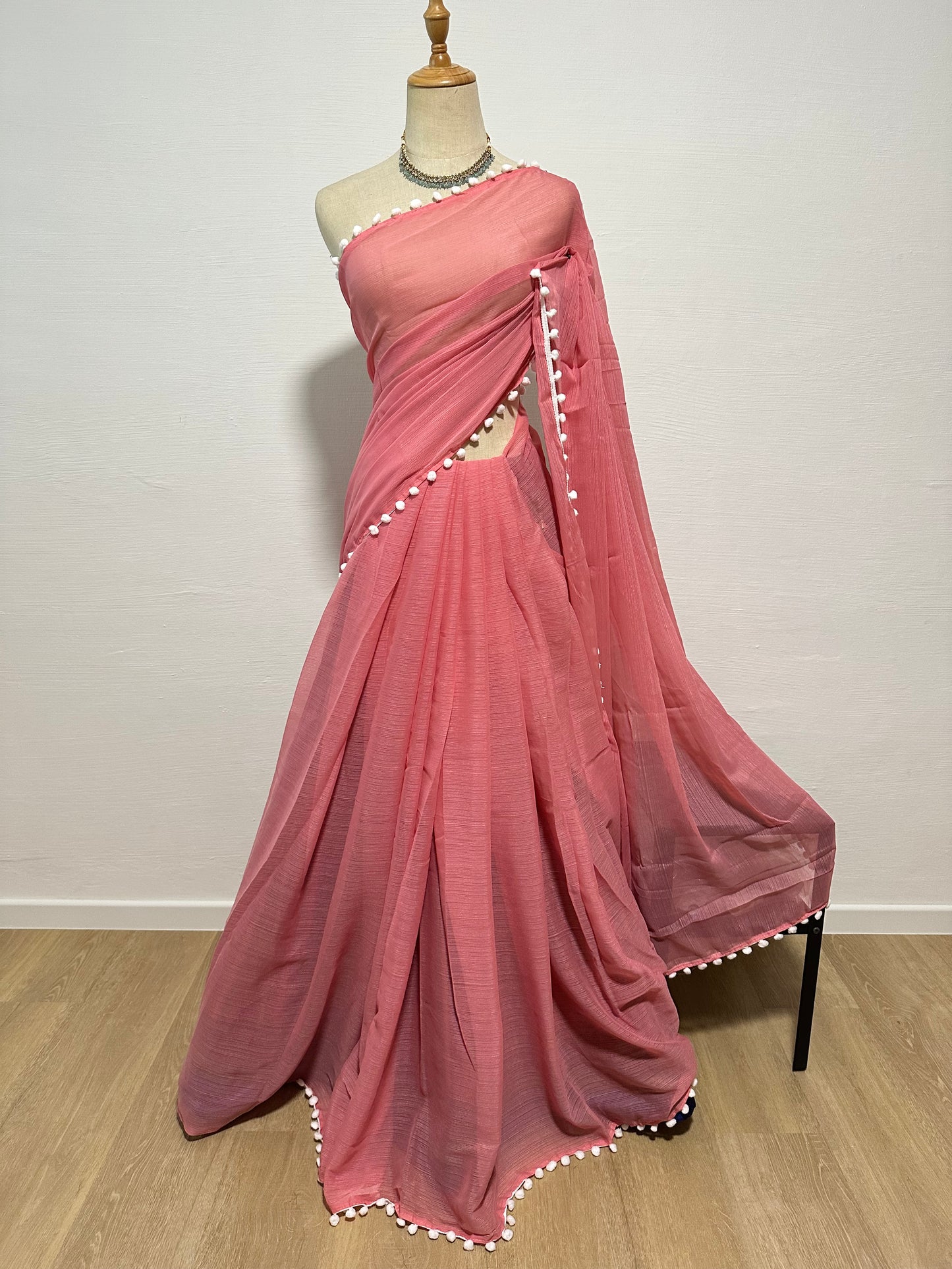 Georgette Pom Pom Saree - Pink