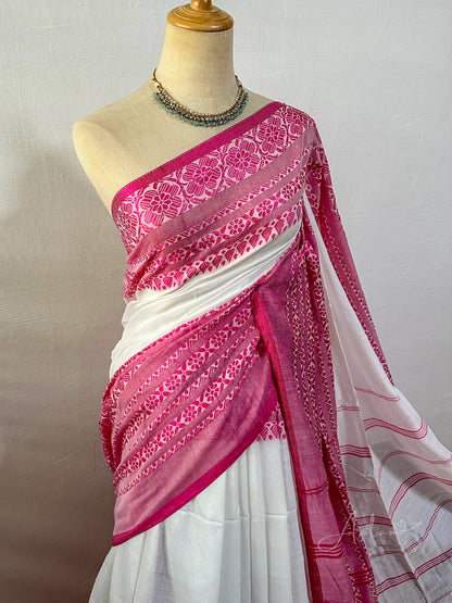 Handloom Mercerized Cotton Saree – White & Pink