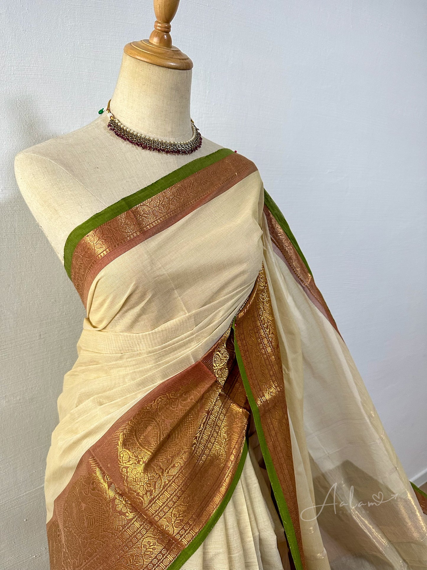 Cotton Saree - Cream & Gold with a tint of green