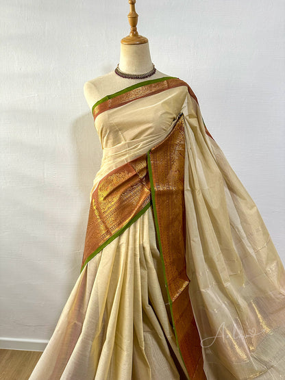 Cotton Saree - Cream & Gold with a tint of green