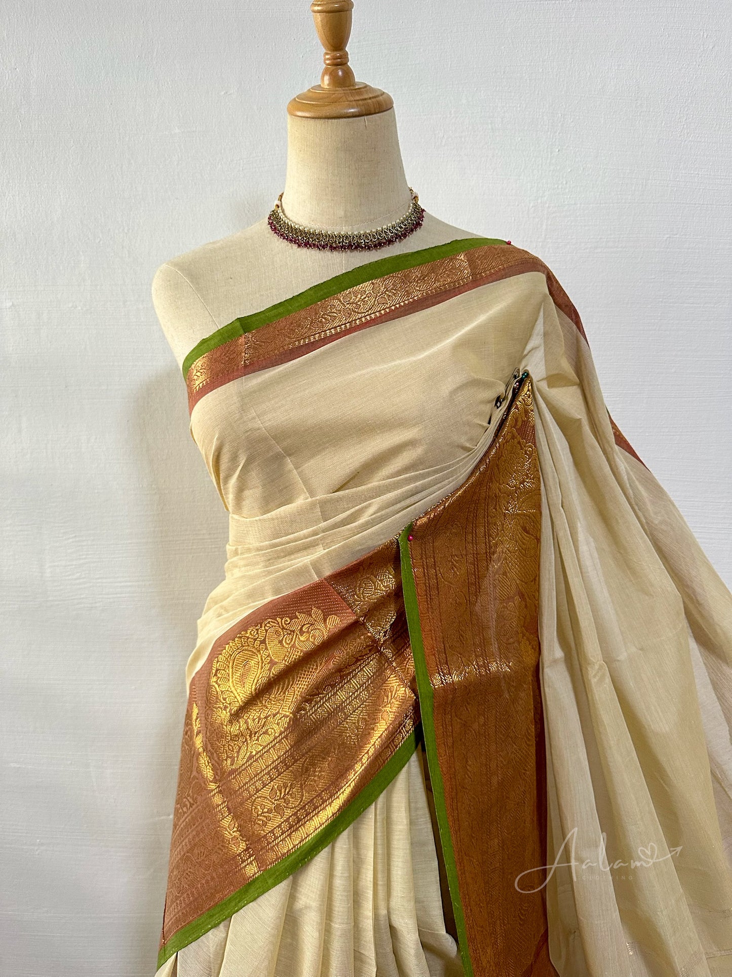 Cotton Saree - Cream & Gold with a tint of green