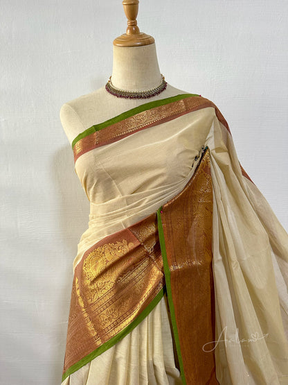 Cotton Saree - Cream & Gold with a tint of green