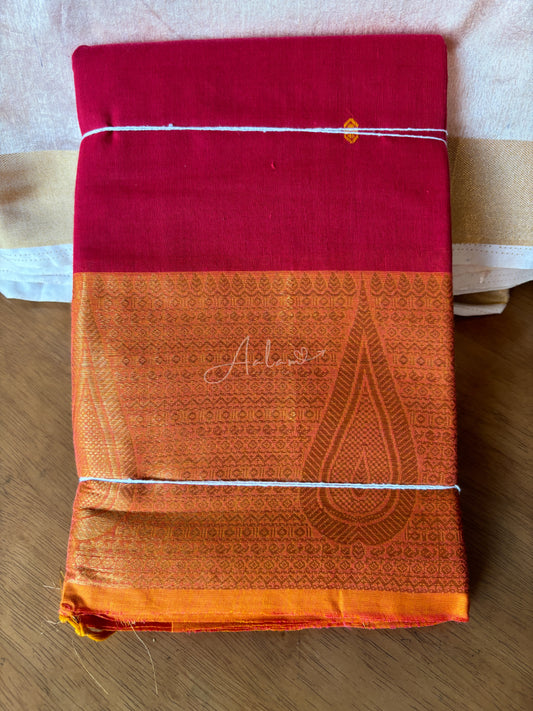 Cotton Saree Leaf Design - Red & Orange