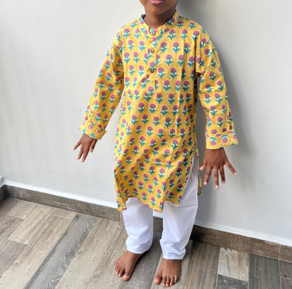 Boys Printed Kurta Set - Yellow