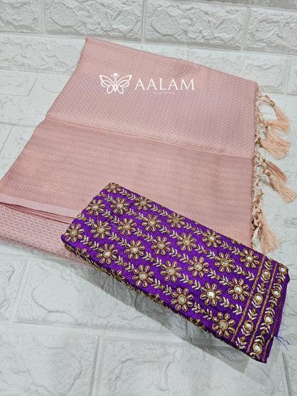 Kubera Silk Saree w Aari blouse - Rose Gold & Purple