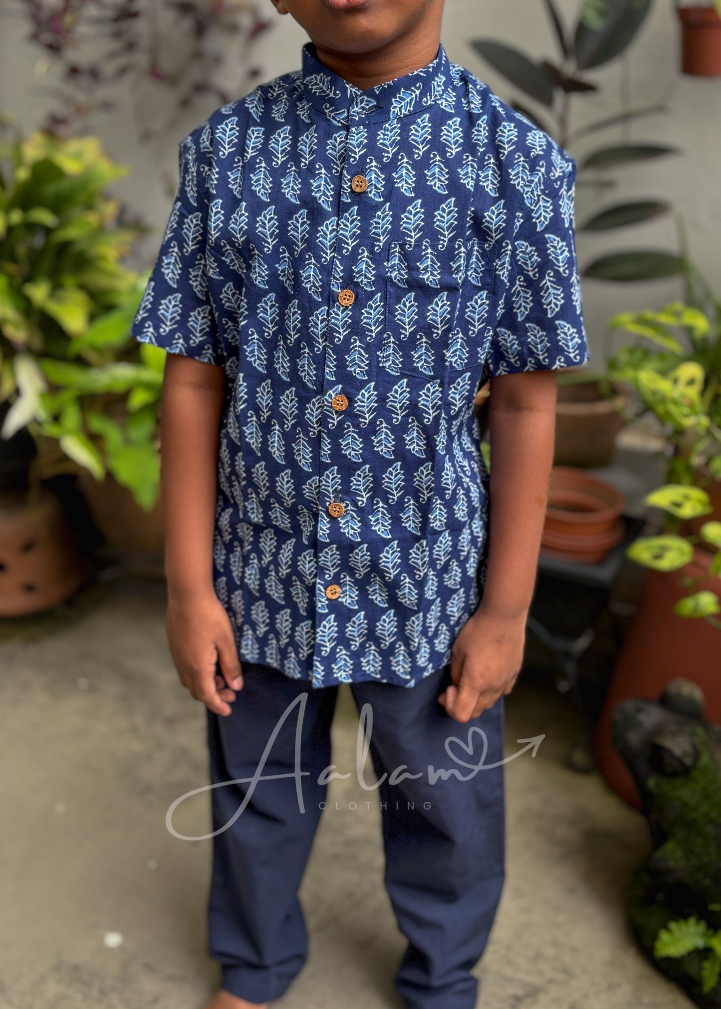 Boy Indigo Leaf Printed Short Sleeve Shirt