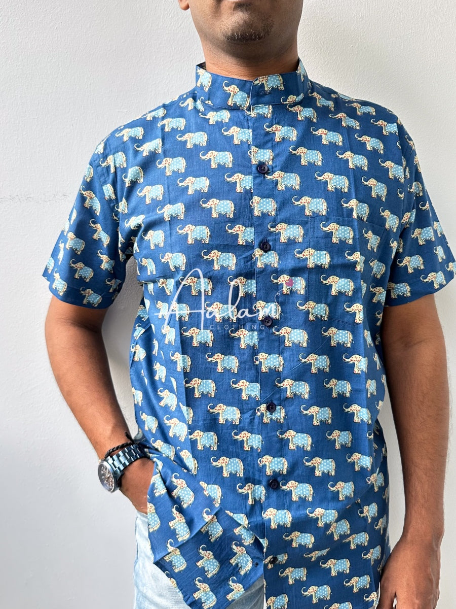 Blue Elephant Prints Short Sleeve Shirt (Father-Son Combo)