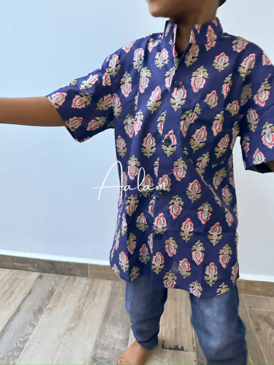 Boy Short Sleeve Shirt - Blue Block Prints