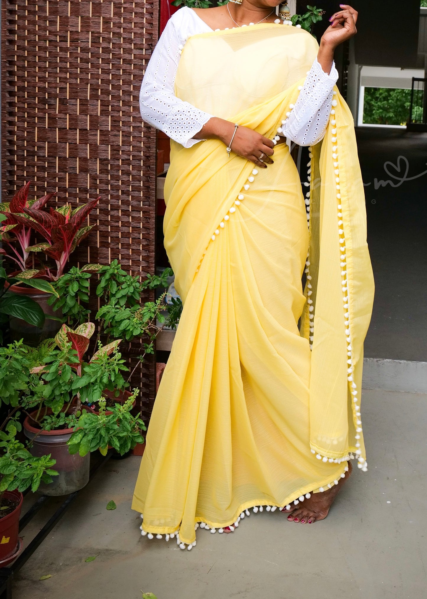 Georgette Pom Pom Saree - Yellow