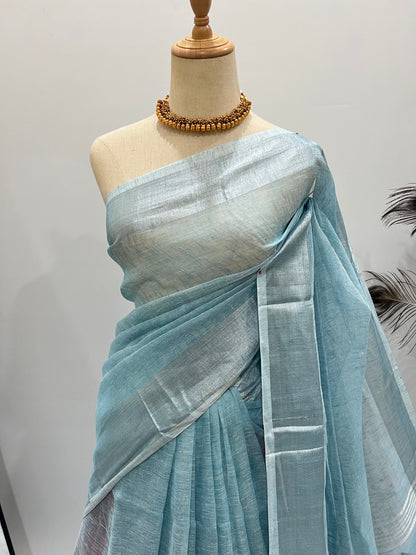 Linen Silver Zari - Pastel Blue