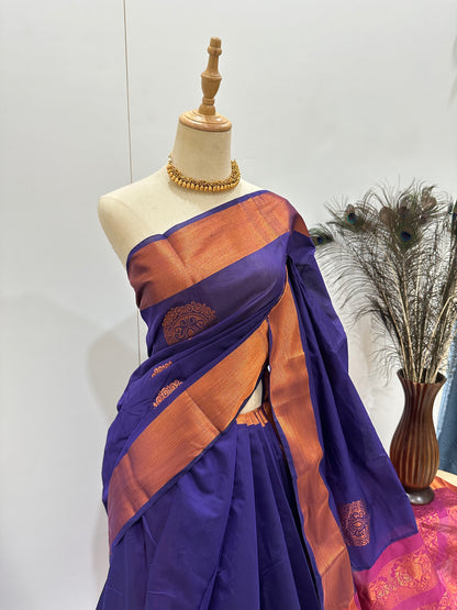 Silk Cotton Copper Zari Saree - Purple & Pink