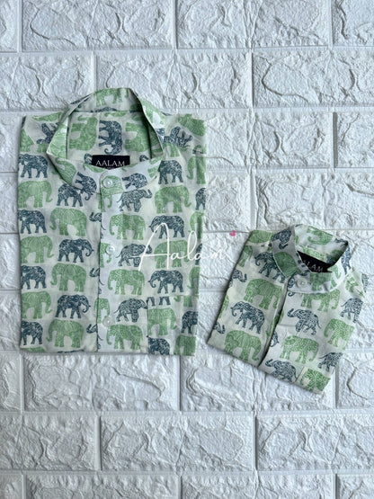 Green & Blue Elephant Prints Short Sleeve Shirt (Father-Son Combo)