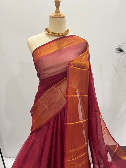 Chiffon Saree with Gold Border & Aari Blouse - Red