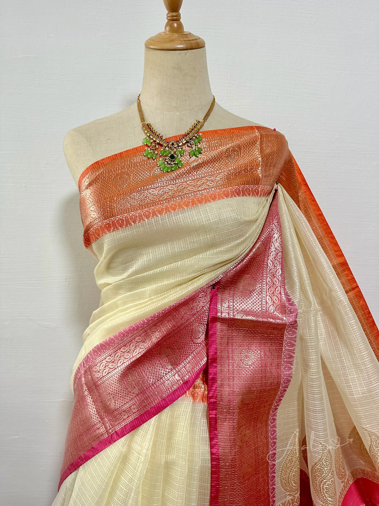 Cream Cotton Kota Soft Silk Saree - Pink & Orange Border