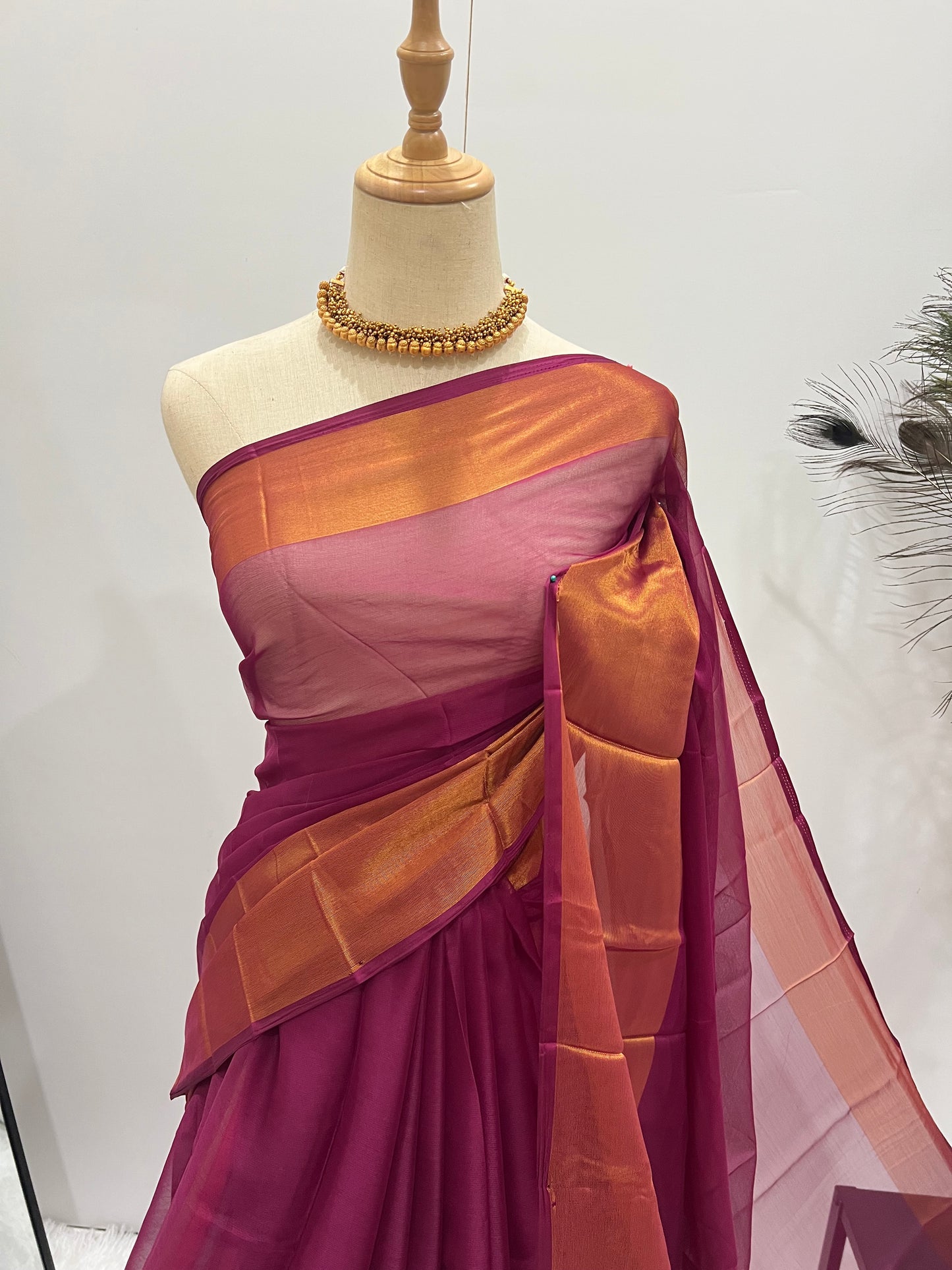 Chiffon Saree with Gold Border & Aari Blouse - Magenta