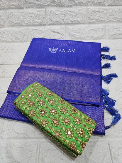 Kubera Silk Saree w Aari blouse - Royal Blue & Lime Green