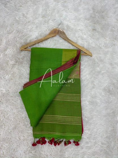 Linen Silver Zari - Parrot Green & Pink