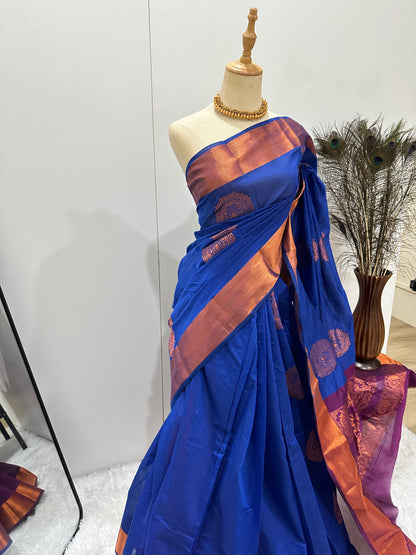 Silk Cotton Copper zari Saree - Royal Blue & Purple