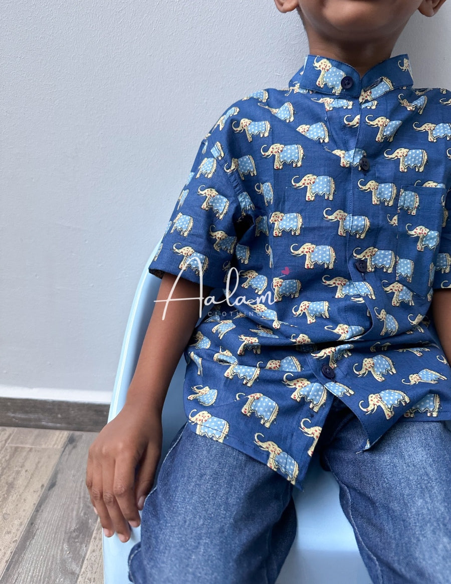 Boy Short Sleeve Shirt - Blue Elephant Prints