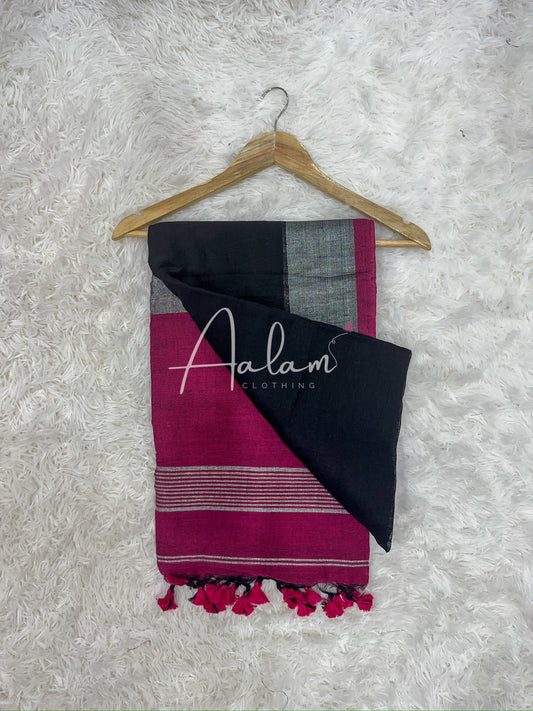 Linen Silver Zari - Black & Pink