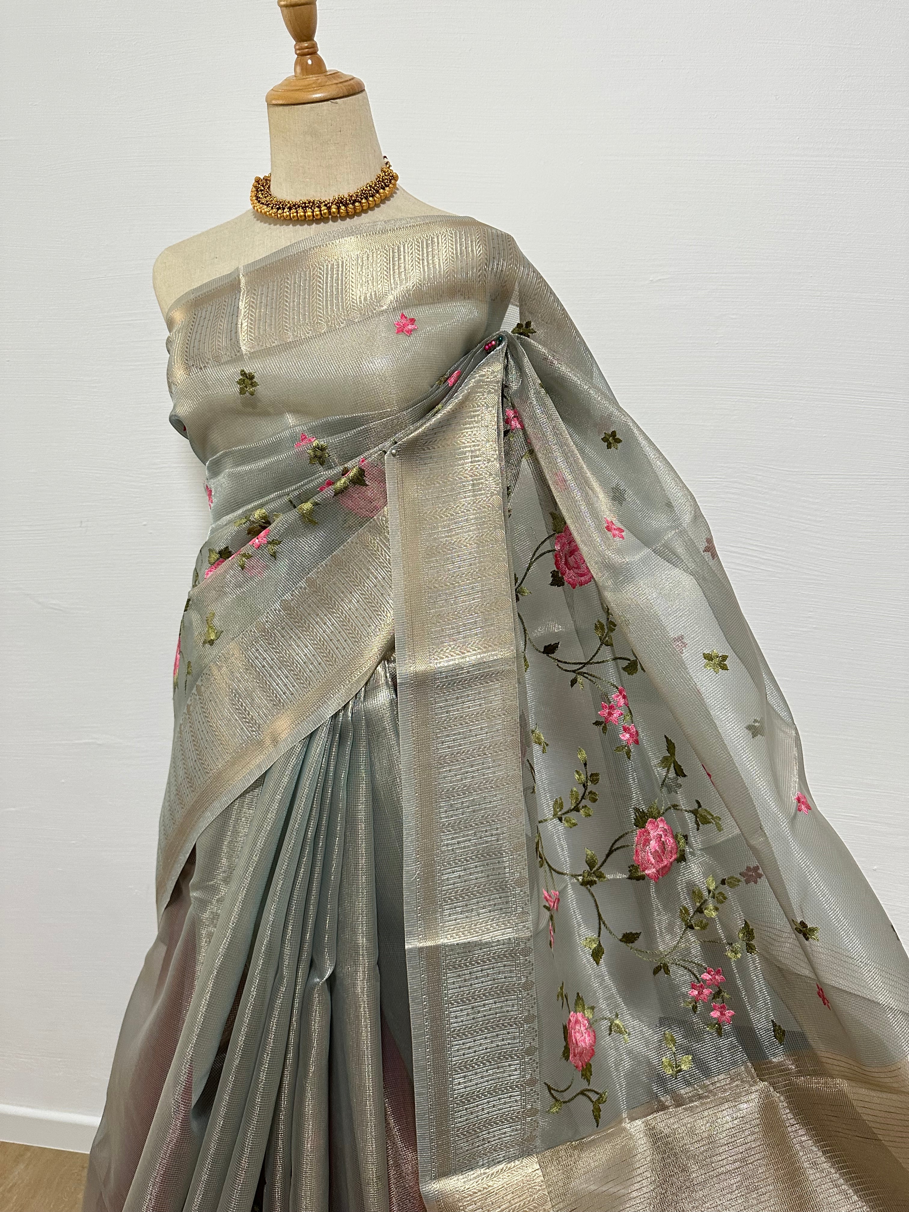 Tissue Silk Embroidery Saree - Grey
