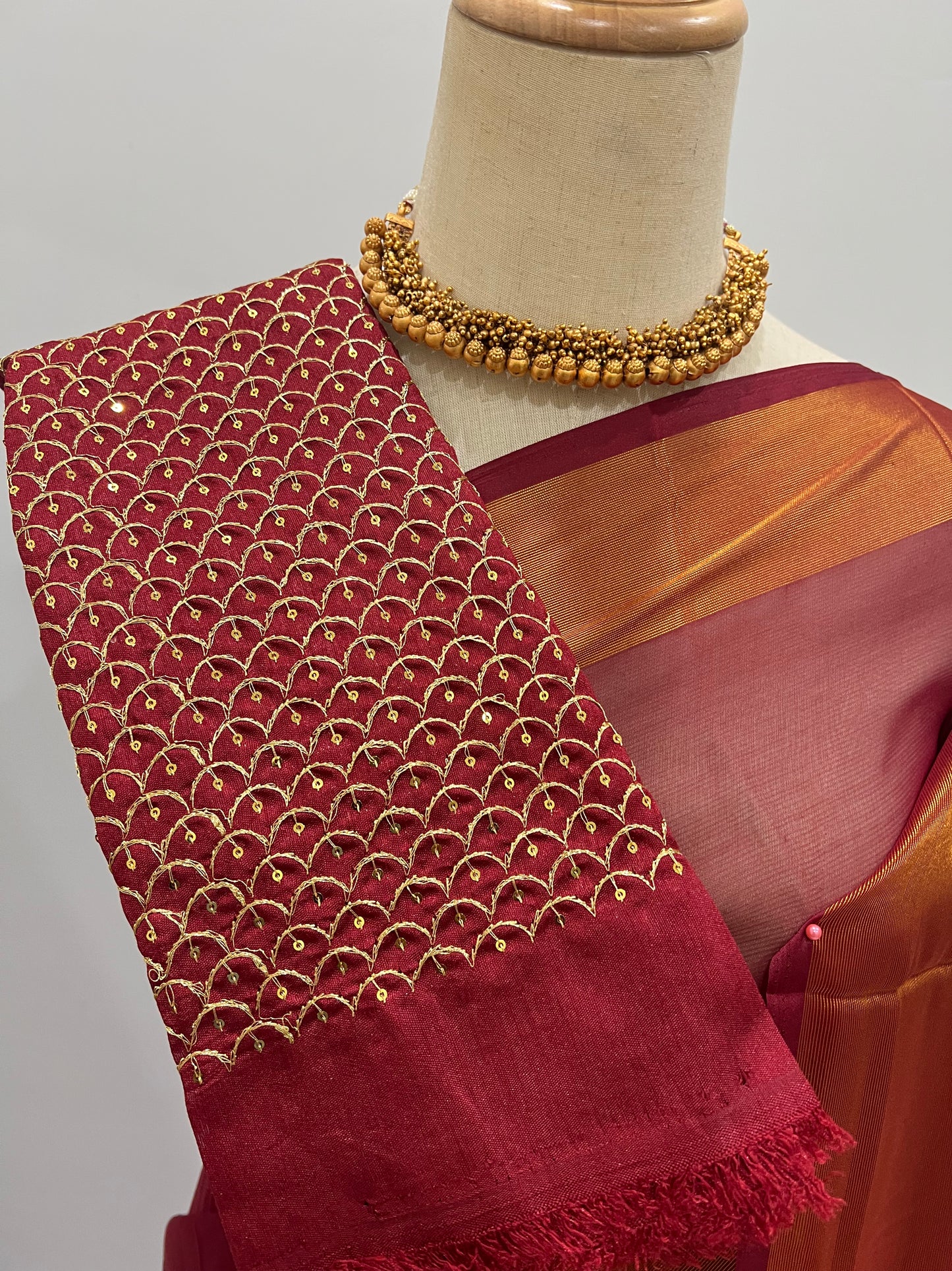 Chiffon Saree with Gold Border & Aari Blouse - Red