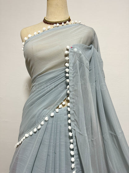 Georgette Pom Pom Saree - Grey