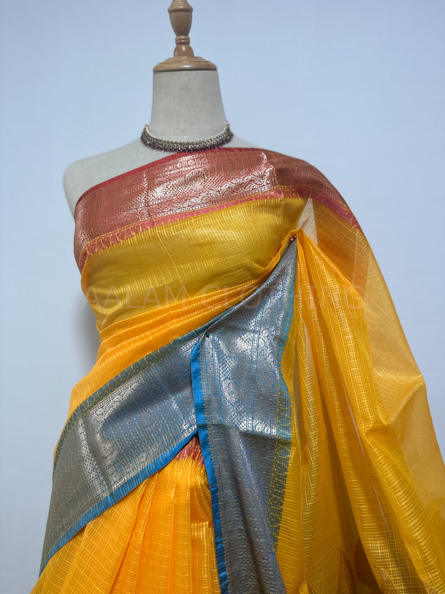 Yellow Cotton Kota Soft Silk Saree - Blue & Pink Border