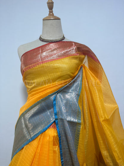 Yellow Cotton Kota Soft Silk Saree - Blue & Pink Border