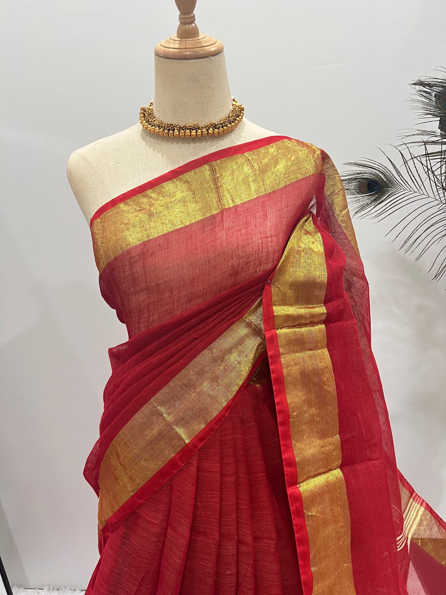 Linen Gold Zari - Red & Gold