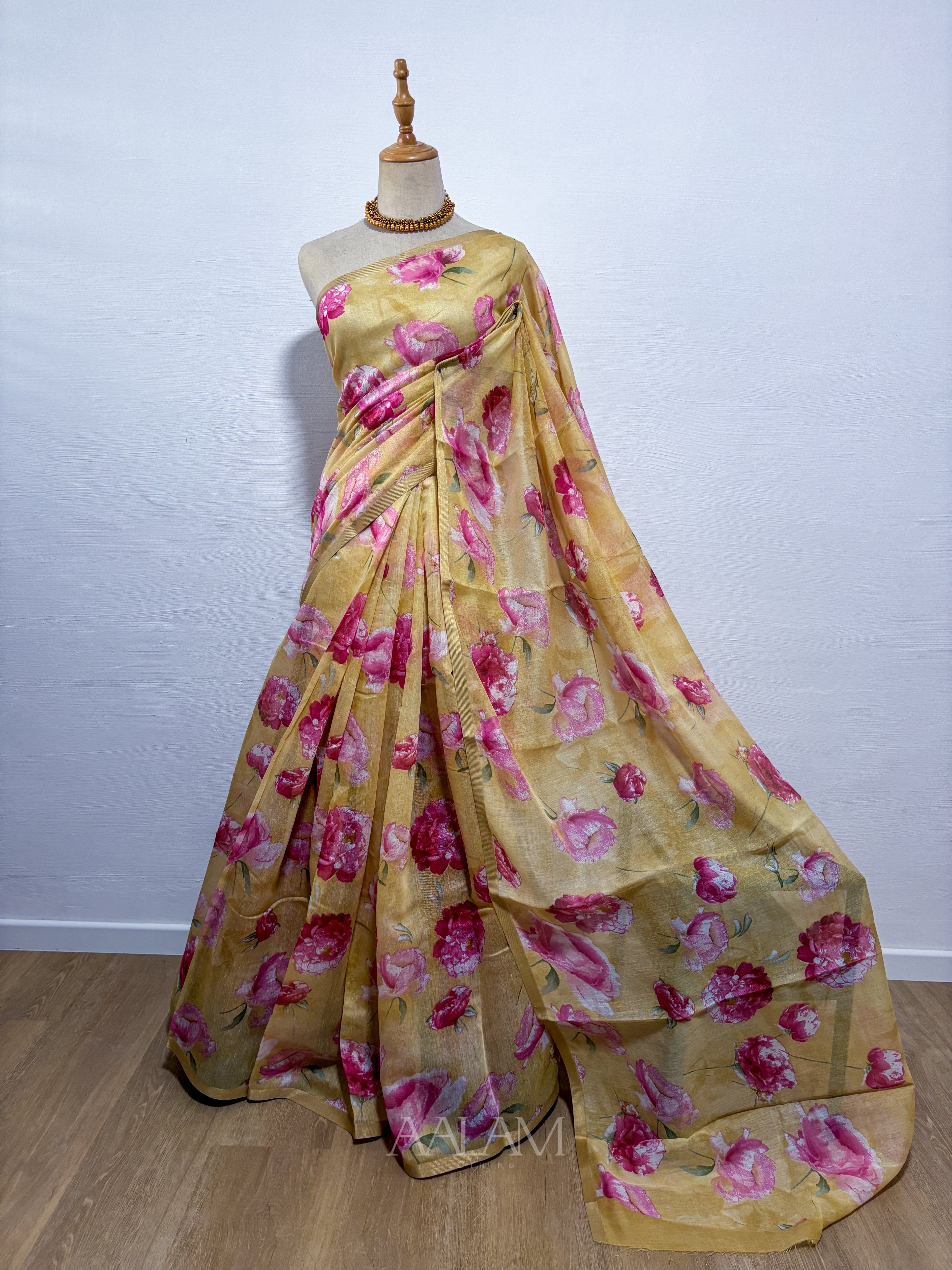 Floral Soft Linen Saree - Mustard