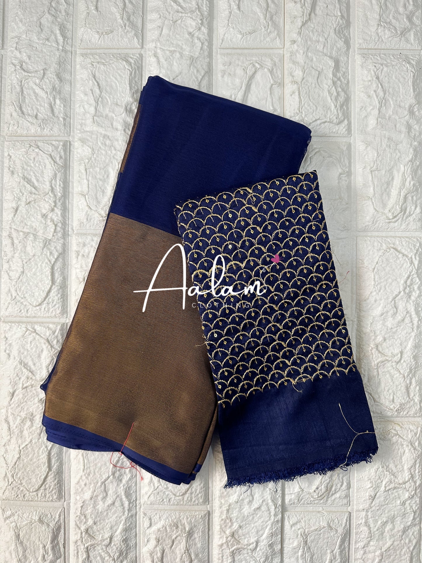 Chiffon Saree with Gold Border & Aari Blouse - Navy Blue