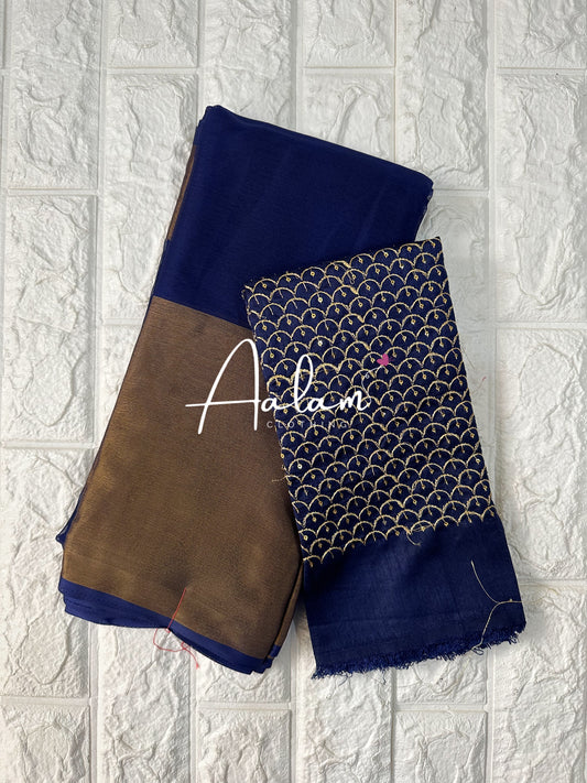 Chiffon Saree with Gold Border & Aari Blouse - Navy Blue