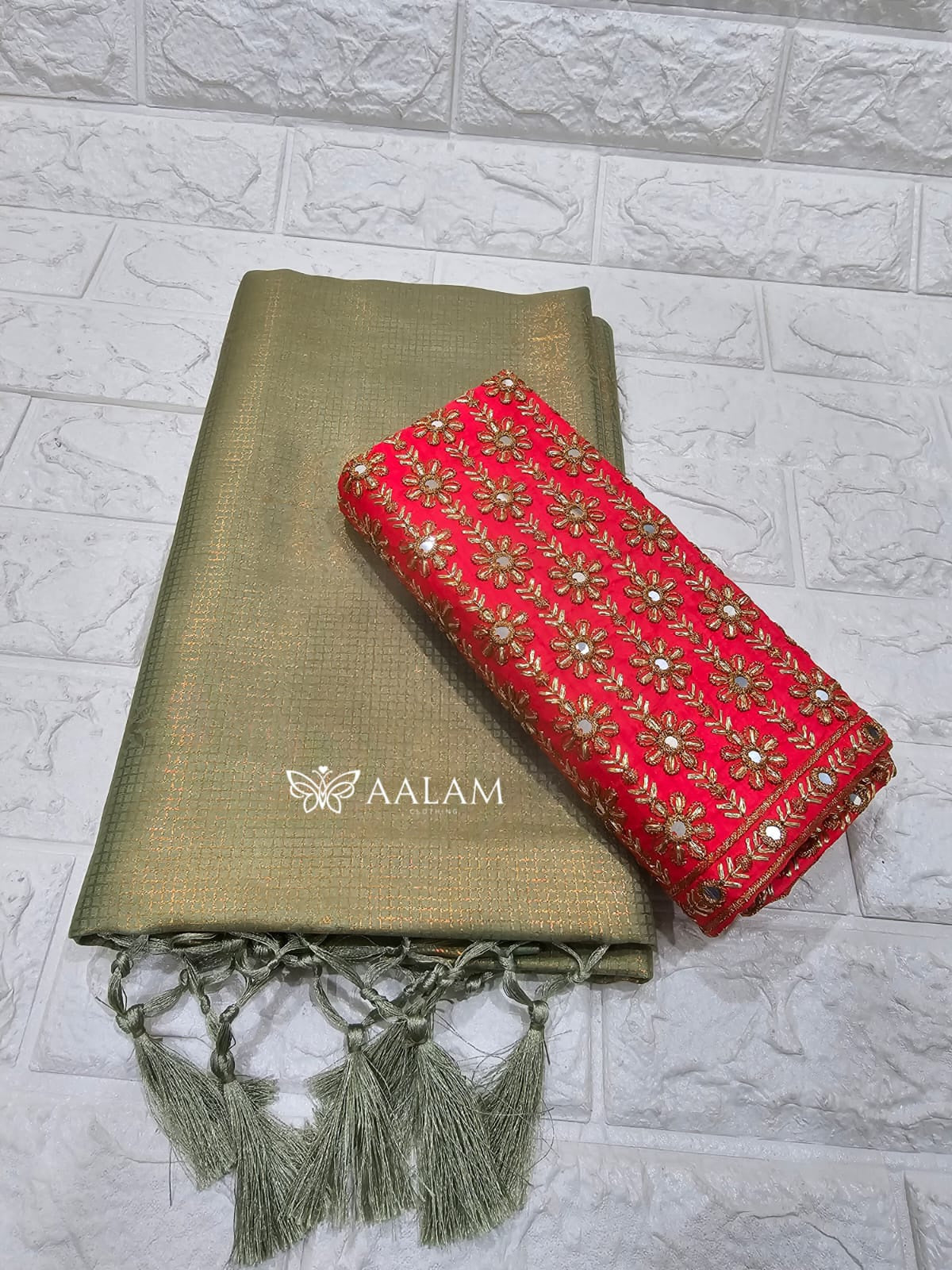 Kubera Silk Saree w Aari blouse - Sage & Chilli Red