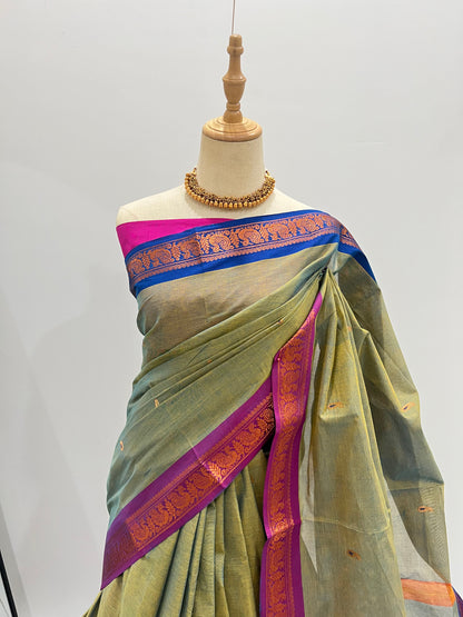 Kanchi Cotton Saree - Dual Tone Olive Green with Ganga Jamuna Border