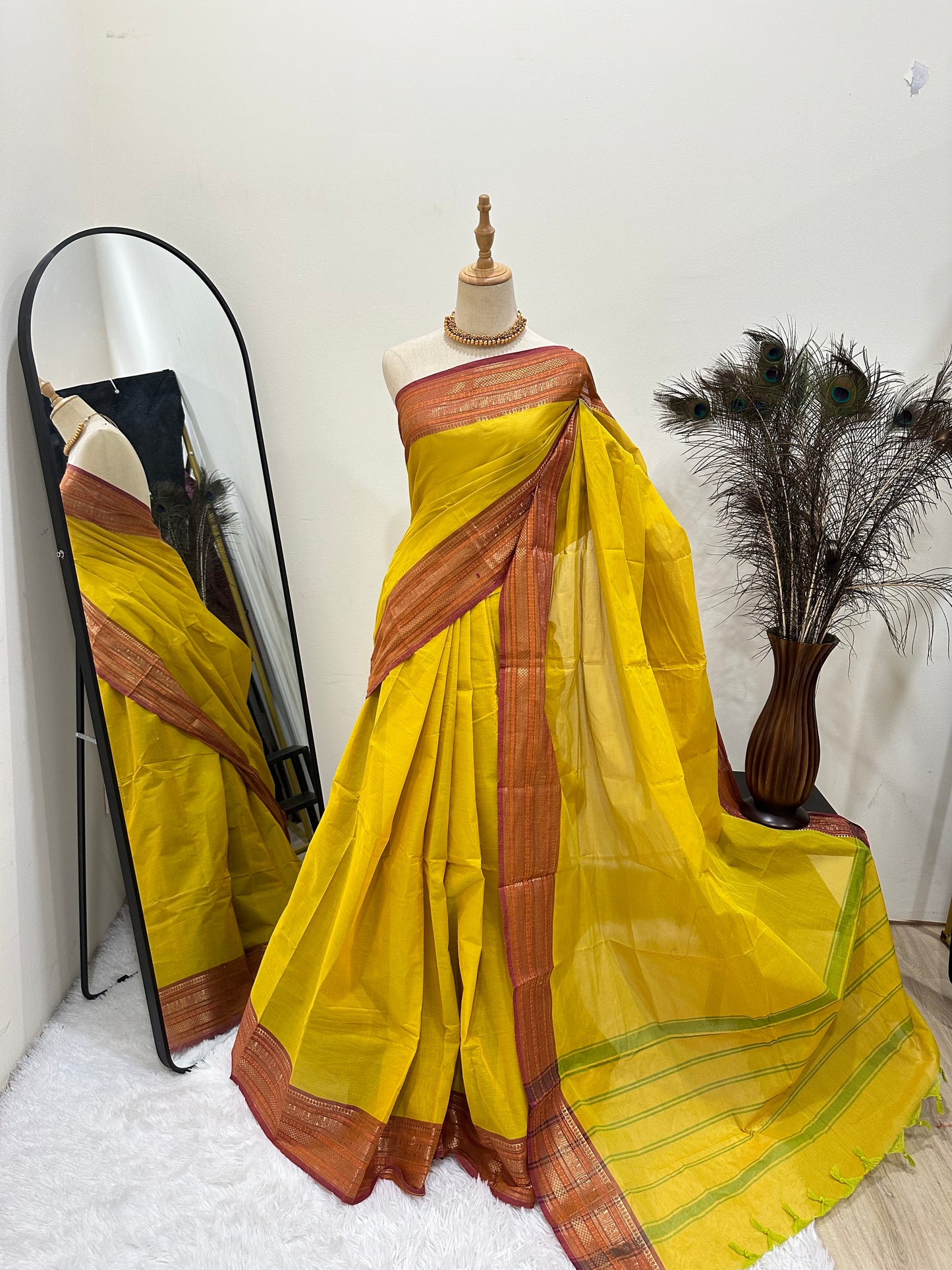 Cotton Saree - Saffron Yellow and dusky Pink