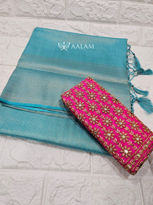 Kubera Silk Saree w Aari blouse - Light blue & Pink