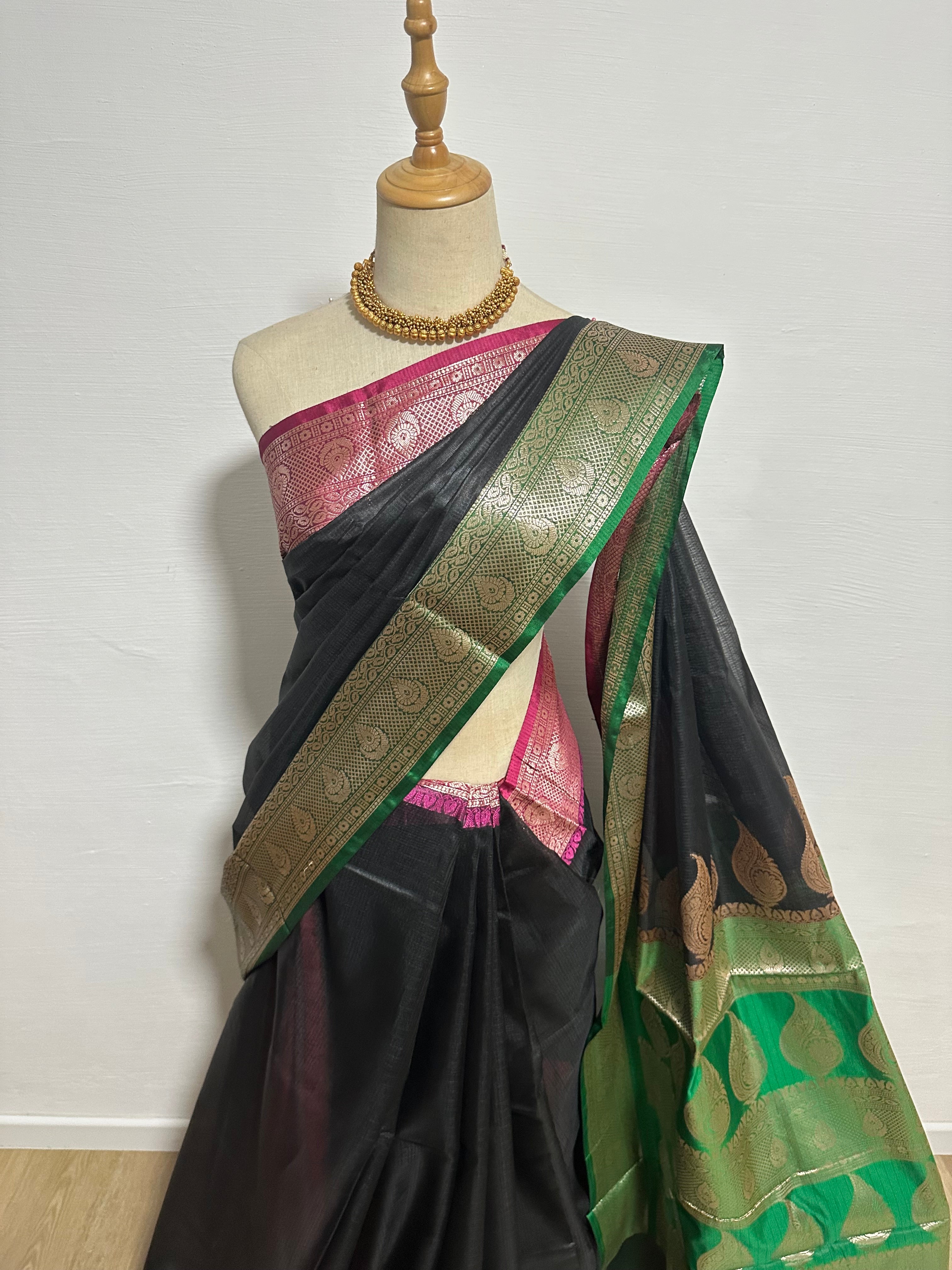 Black Cotton Kota Soft Silk Saree - Pink & green Border