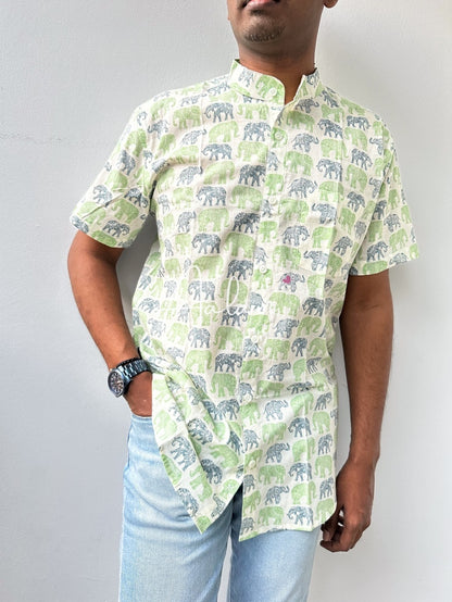 Green & Blue Elephant Prints Short Sleeve Shirt (Father-Son Combo)