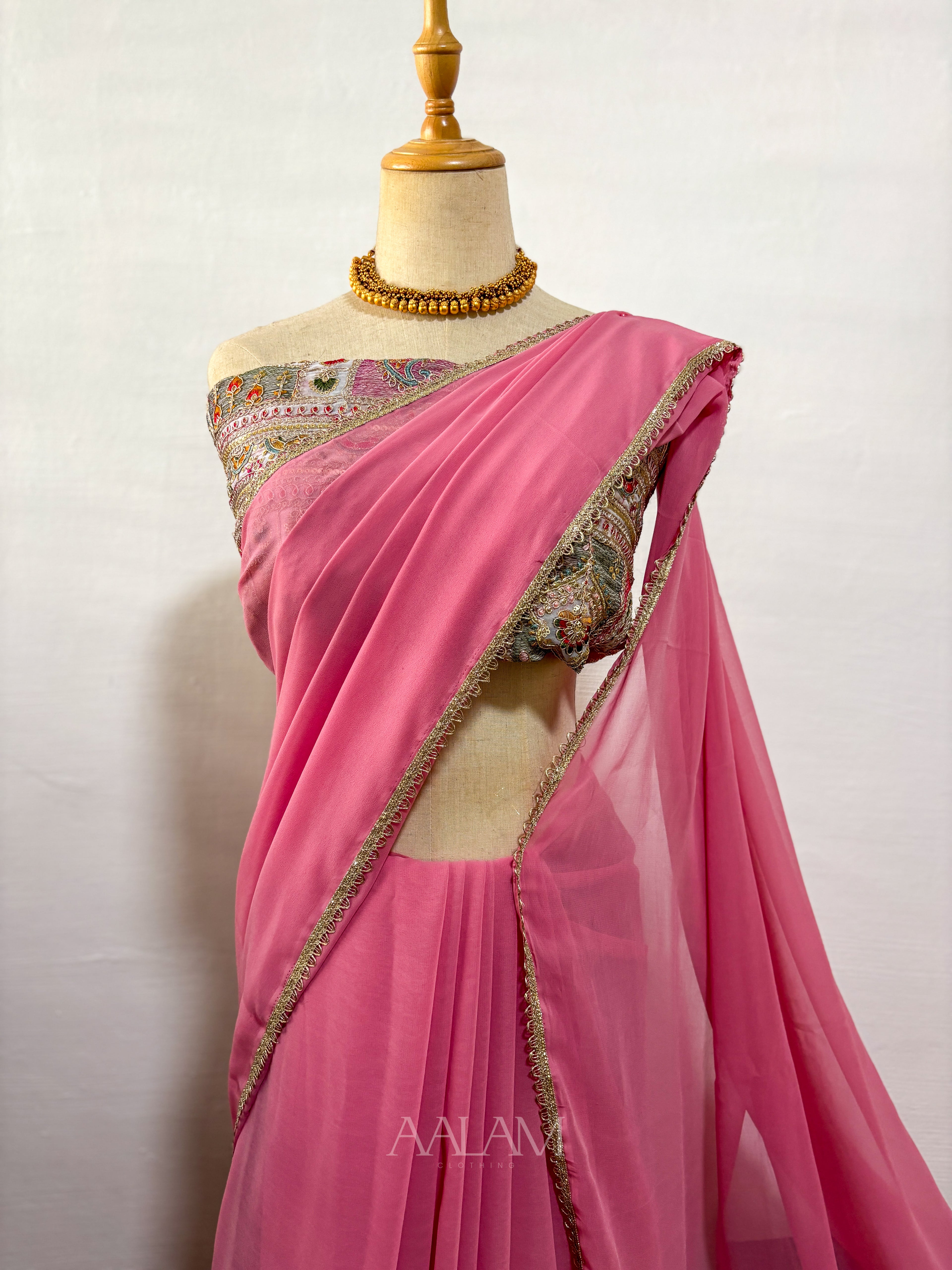 Georgette Saree with Embroidery Blouse Work - Rose Milk
